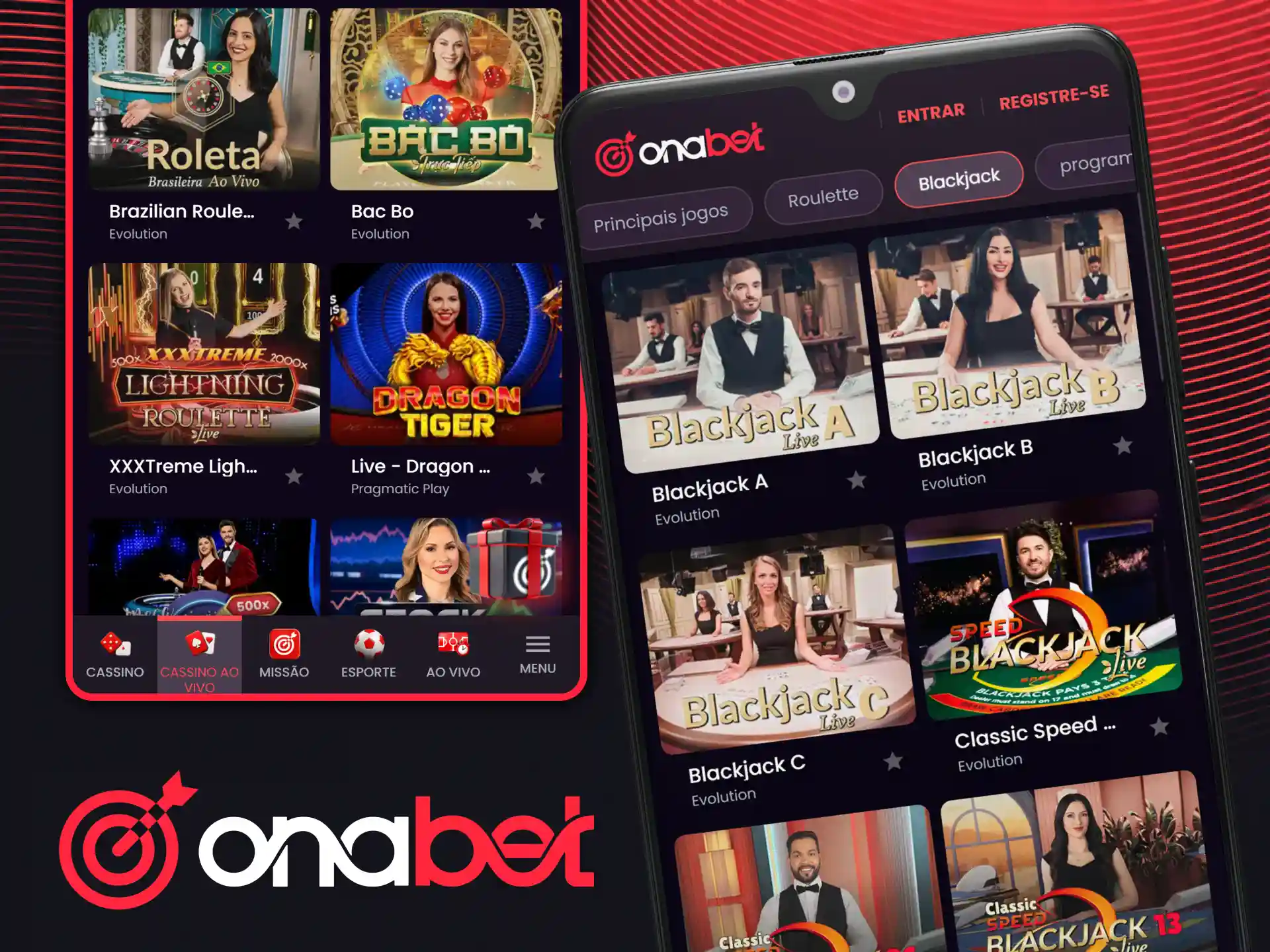 Divirta-se na seção de cassino ao vivo no aplicativo da OnaBet e jogue com distribuidores em tempo real.