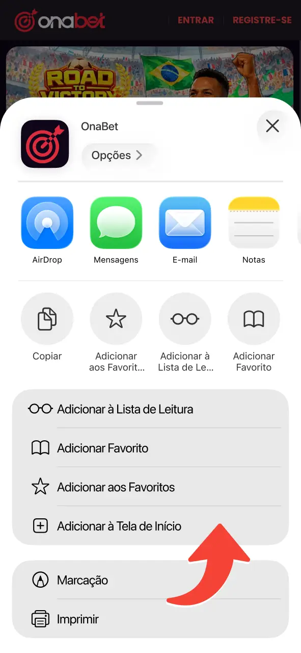 Escolha a opção de adicionar à tela de início para criar o atalho da OnaBet.