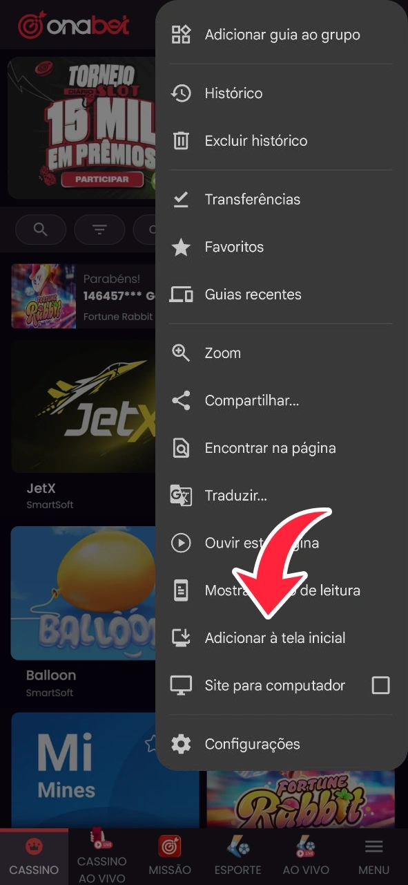 Clique no botão para acessar o site da OnaBet na tela inicial do seu Android.