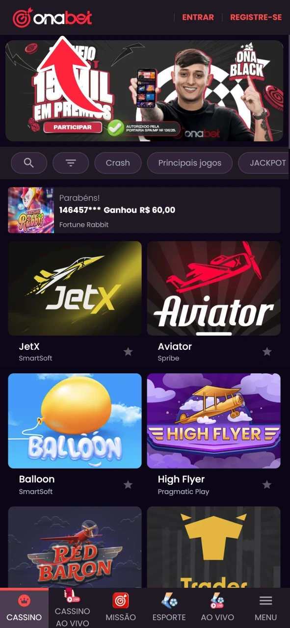 Acesse o site oficial da OnaBet pelo seu celular.