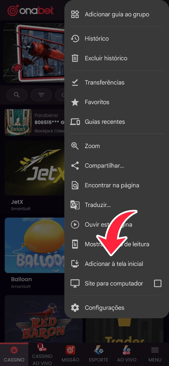 Encontre este botão no menu do navegador no site da OnaBet.