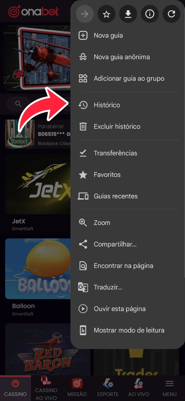 Abra o menu do navegador no site da OnaBet.