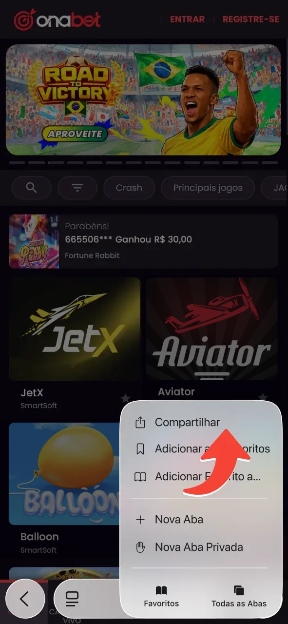Toque no botão de compartilhar no navegador para iniciar o processo na OnaBet.